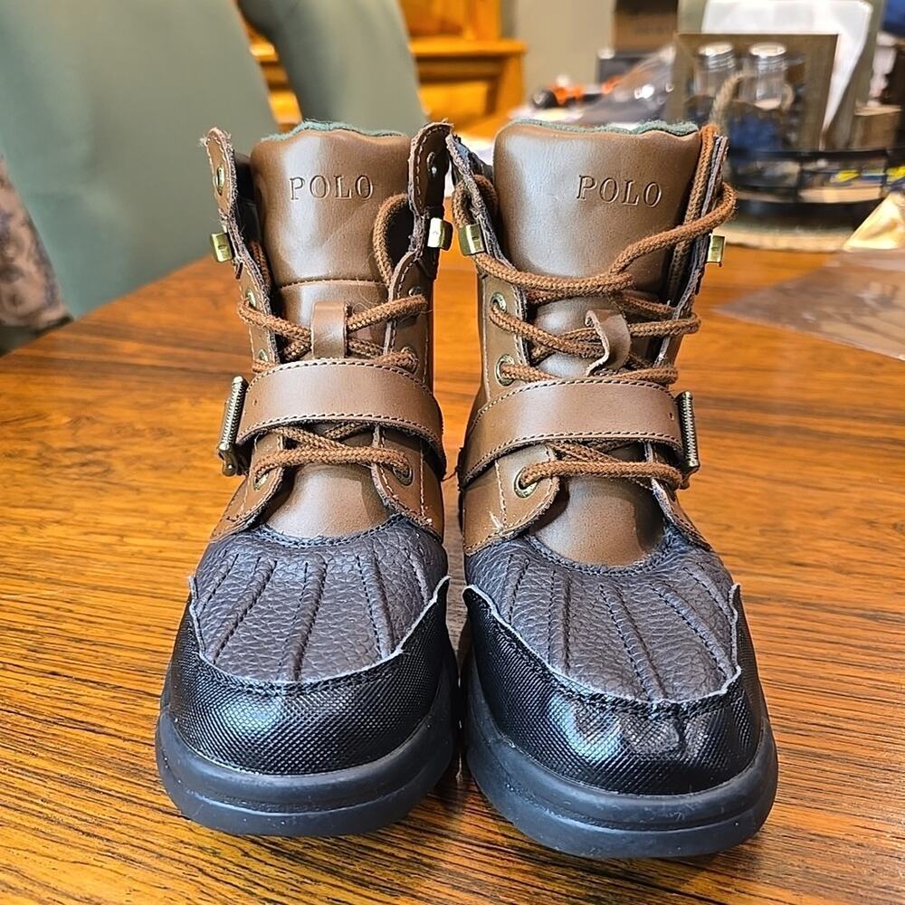 POLO Ralph Lauren Boot Kids Youth 1 Black Brown Colby Mid II Lace Up Duck Boot